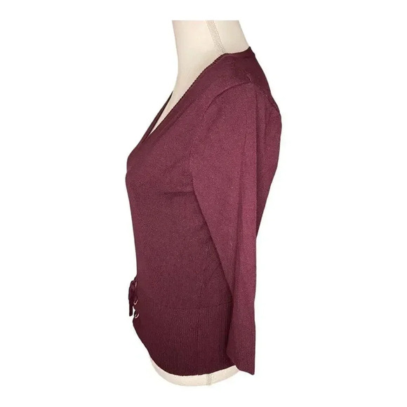 New York & Company Women’s Small Burgundy V-Neck Tie Up Bottom Sweater - Picture 2 of 4